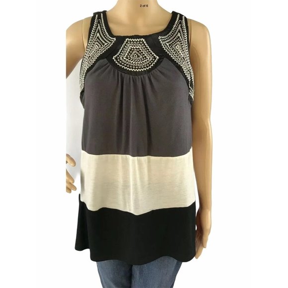 Cocomo Sleeveless Tunic Top S Embroidered Black Gray Cream Block Stripe - Picture 2 of 6